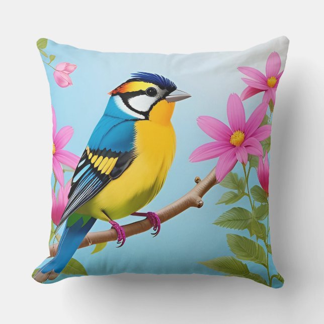 Almofada 🐦 Arte Botânica de Chapim-azul para Espaços de Pr (Frente)