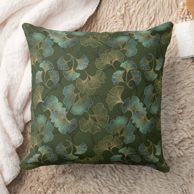 Almofada Arte Botânico de Ginkgo em Ouro Refined Esmeralda  (Cobertor)