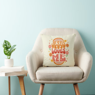 Almofada Arte Cristã Retro “Jesus Me Ama” – Fé Groovy