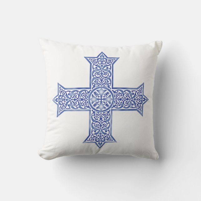 Almofada Arte da Cruz Copta Azul Lapis Premium (Frente)