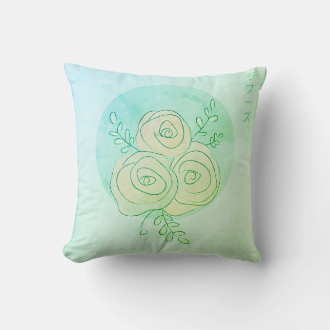 Almofada Arte da linha de rosa aqua japonesa (Frente)