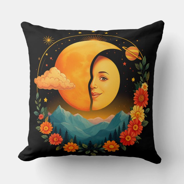 Almofada Arte da Lua Crescente com Montanhas, Girassóis (Frente)