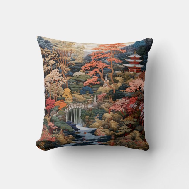 Almofada Arte da Paisagem Japonesa: Cascata e Aldeia (Frente)
