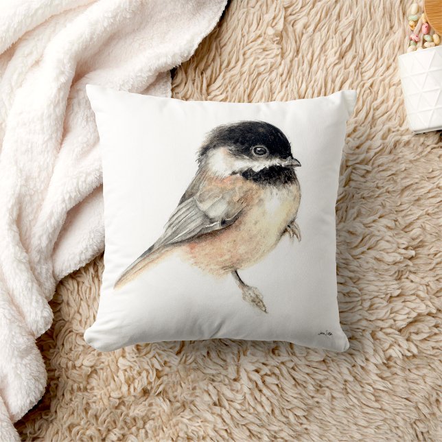Almofada Arte de Aquarela Chickadee (Chickadee Watercolor Art Throw Pillow from Jenn's Emporium. )