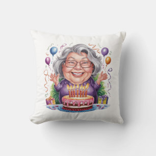 Almofada Arte de Bolo de Aniversário de Senhora Idosa Anima