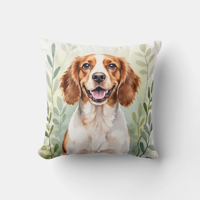 Almofada Arte de Brittany Spaniel com Padrão de Folhas em A (Frente)