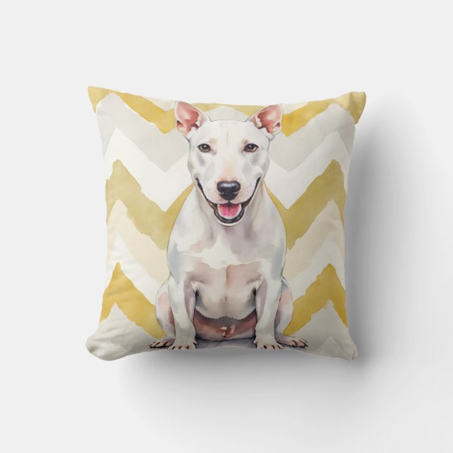 Almofada Arte de Bull Terrier em Aquarela com Padrão Ziguez (Frente)