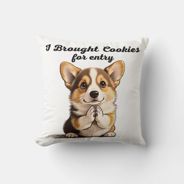 Almofada Arte de Caneta e Tinta de Corgi suplicando "Eu Tro (Frente)