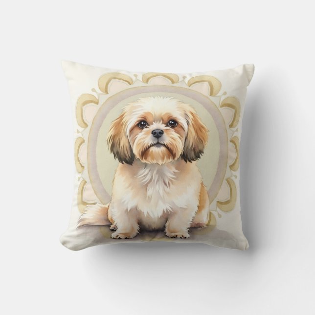 Almofada Arte de Círculo Mandala Aquarela Lhasa Apso (Frente)