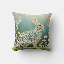 Almofada Arte de coelho floral branco de primavera