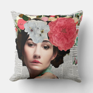 Almofada Arte de Colagem de Papel Floral Feminino Vintage
