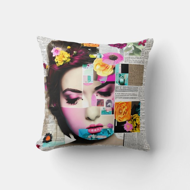 Almofada Arte de Colagem de Papel Floral Vintage Lady (Frente)