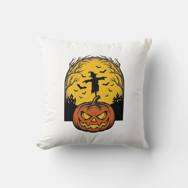 Almofada Arte de Espantalho de Lua de Abóbora de Halloween  (Frente)