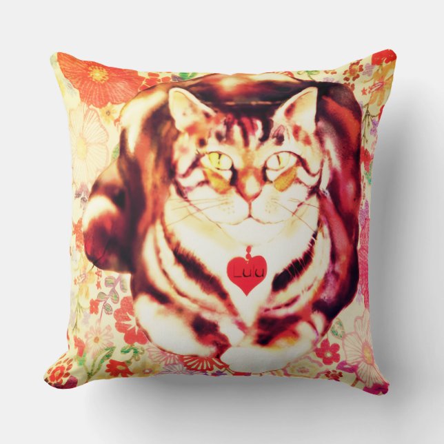Almofada Arte de Gato Listrado com Fundo Floral (Frente)