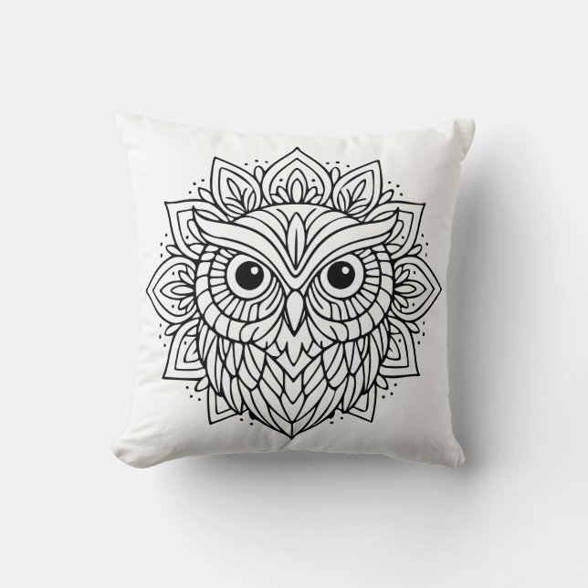 Almofada Arte de Linha Cabeça de Coruja Mandala (Frente)