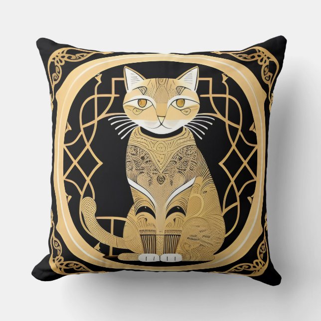 Almofada Arte de Linha Dourada de um Gato com Geométrico De (Frente)