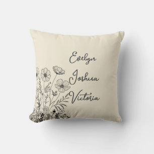 Almofada Arte de linha Floral Mínima para Nomes de Netos Pe