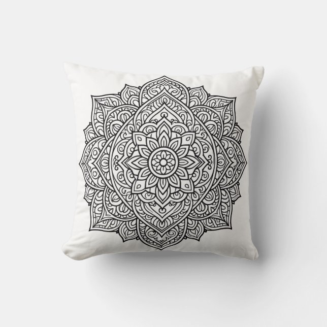 Almofada Arte de Mandala com Linhas Pretas Intrincadas (Frente)