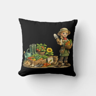Almofada Arte de Menina Fofa Jardineira Colhendo Legumes
