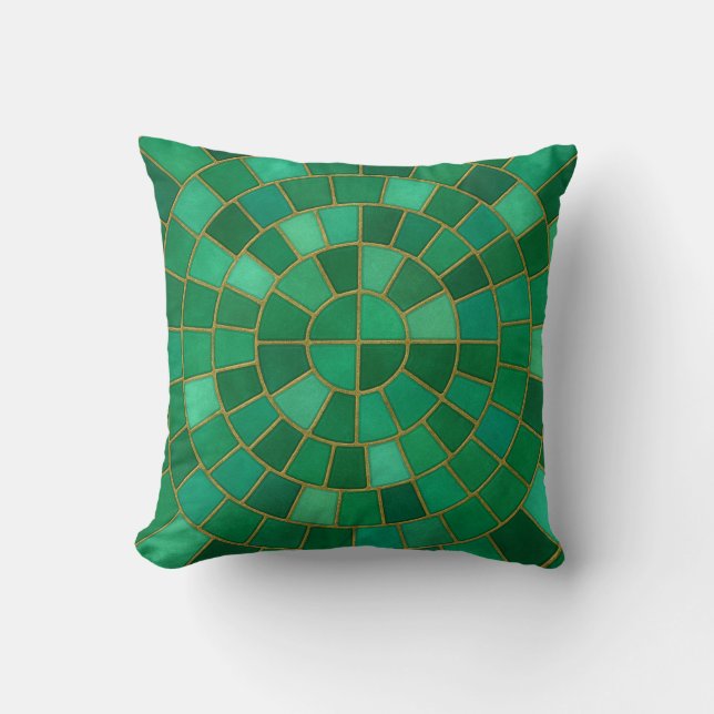 Almofada Arte de Padrão Circular em Mosaico Esmeralda (Frente)