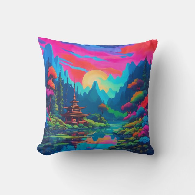 Almofada Arte de Paisagem Japonesa Psicodélica (Frente)