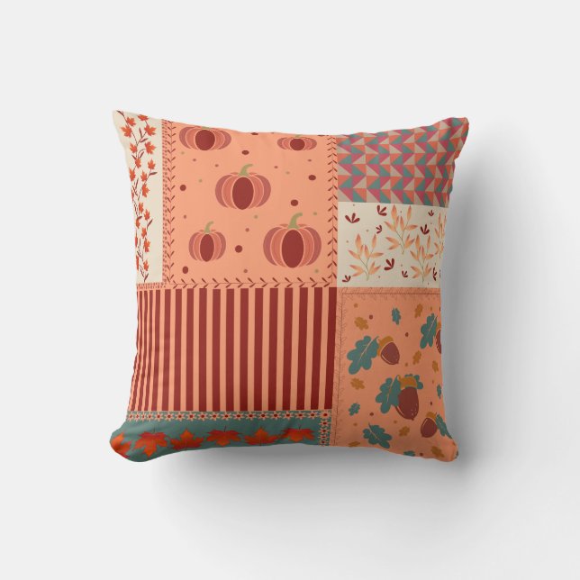 Almofada Arte de Patchwork de Folha de Outono e Bolota (Frente)