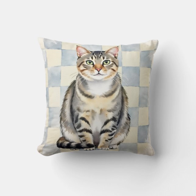 Almofada Arte de Patchwork em Aquarela do American Shorthai (Frente)