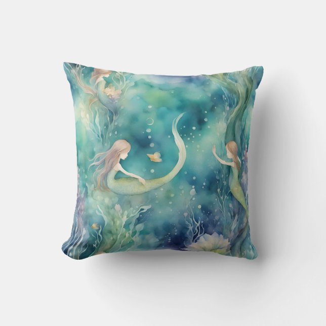 Almofada arte de sereias em aquarela (Frente)