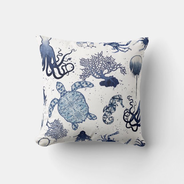 Almofada Arte de Tartaruga Marinha Azul Praia Moderna de Co (Frente)