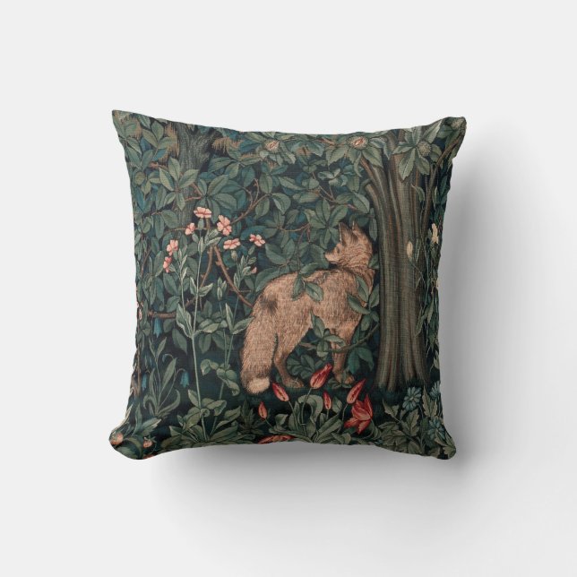 Almofada Arte de Vida Selvagem Raposa Verde William Morris (Frente)