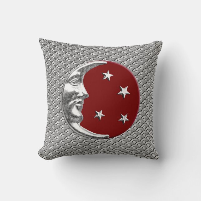 Almofada Arte Deco Lua e estrelas - Vermelho Escuro e Prata (Frente)