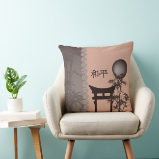 Almofada Arte digital asiática marrom Torii bamboo lua