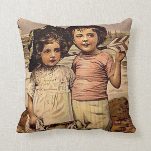 Almofada Arte do cartão do vintage da praia das crianças 