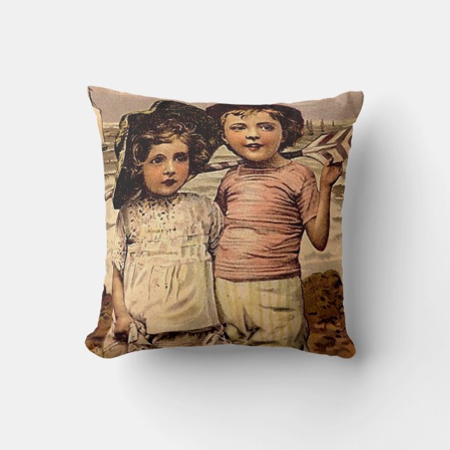 Almofada Arte do cartão do vintage da praia das crianças do (Frente)
