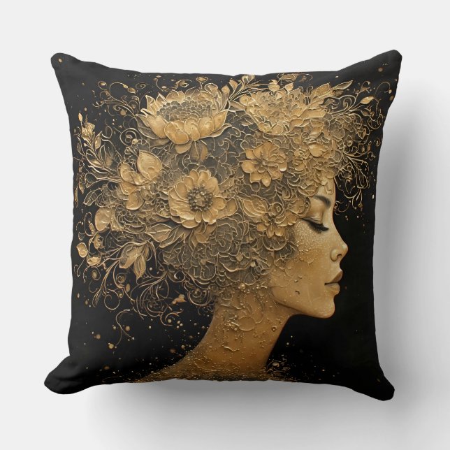 Almofada Arte Dourada Elegante de Perfil de Mulher (Frente)