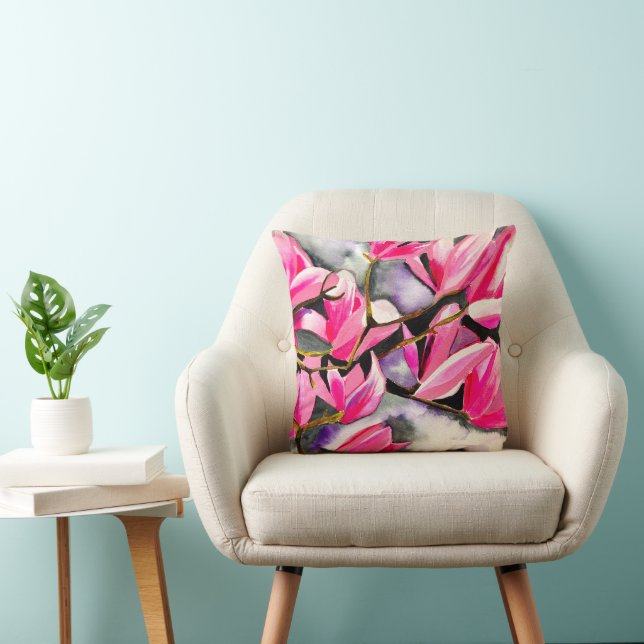 Almofada Arte em aquarela de magnólia rosa (Cadeira)