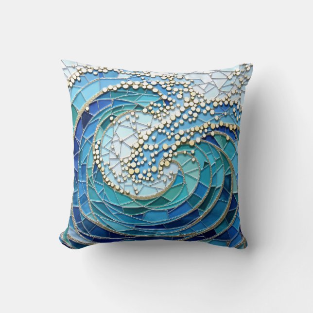 Almofada Arte em Mosaico do Mar de Ondas (Frente)