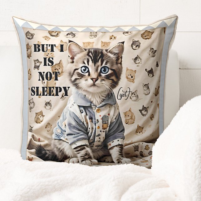 Almofada Arte engraçada de animais fofos de gatinhos na hor (Funny child bedroom pillow featuring a cute kitty in pajamas)