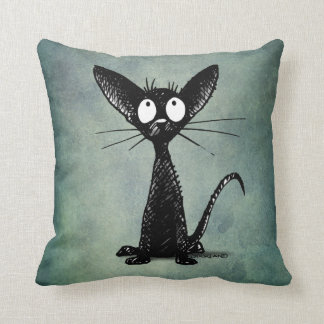 Almofada Arte engraçada do gato preto em um verde azul do