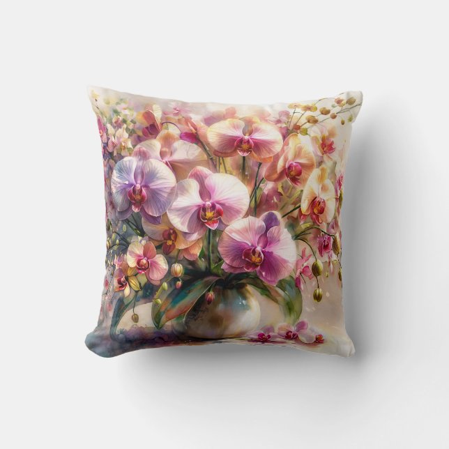 Almofada Arte Floral Aquarela de Orquídea (Frente)
