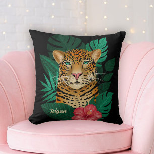 Almofada Arte Floral bonito de Leopardo-da-Selva Preto