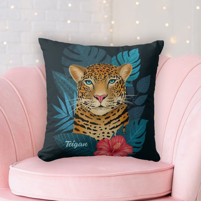 Almofada Arte Floral bonito de Leopardo-da-Selva | Preto |  (Criador carregado)
