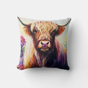 Almofada Arte Floral Colorida de Vaca Highland