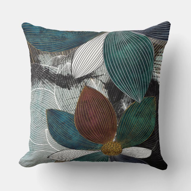 Almofada Arte Floral com abstrato Linear com Petais Negros (Frente)