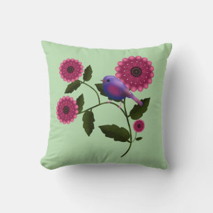 Almofada Arte Floral Vibrante de Primavera com Pássaro Roxo