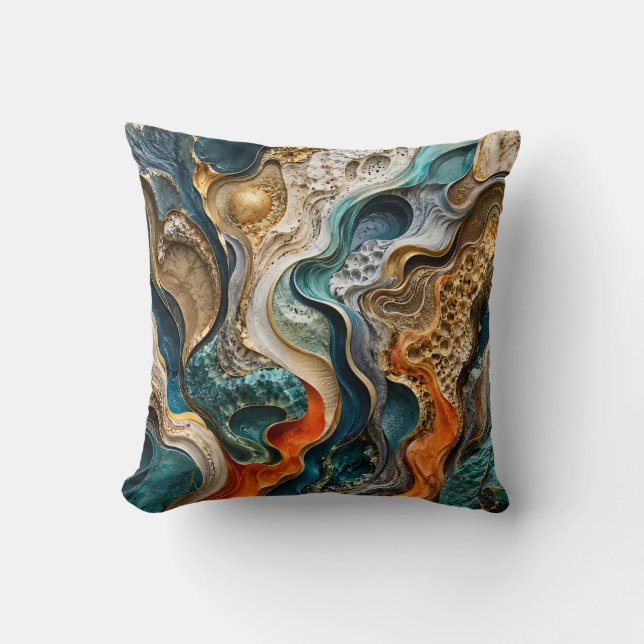 Almofada Arte Fluida 3D Abstrata em Verde Água e Laranja Lu (Frente)