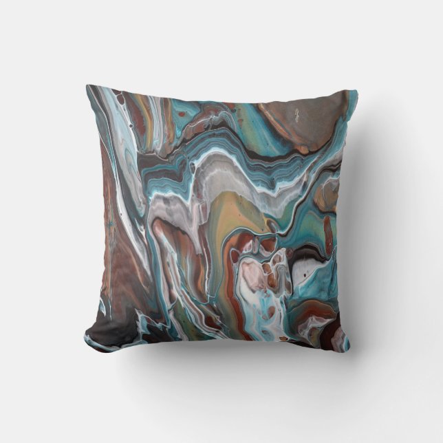 Almofada Arte Fluida Abstrata de Geodo de Ágata Azul Marrom (Frente)