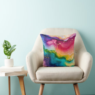 Almofada Arte Fluido Colorido Aquarela Salpicos Dourados Br