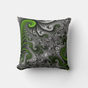 Almofada Arte fractal abstrata verde e cinza do mundo fanta