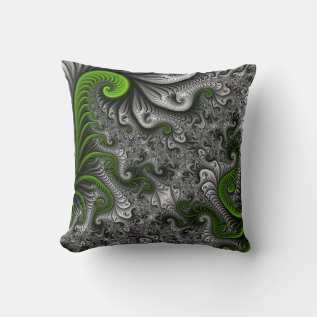 Almofada Arte fractal abstrata verde e cinza do mundo fanta (Frente)